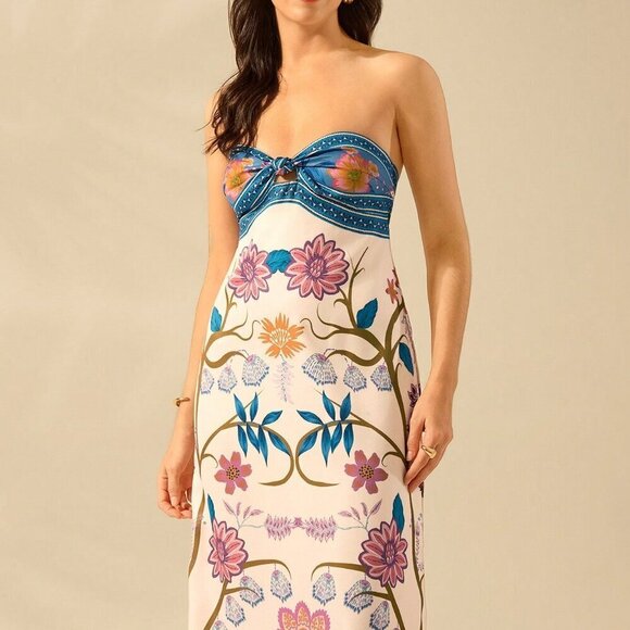 Multicolor Boho Women's Tropical Floral Print Sleeveless Tie Front Beach Dress - Picture 8 of 8